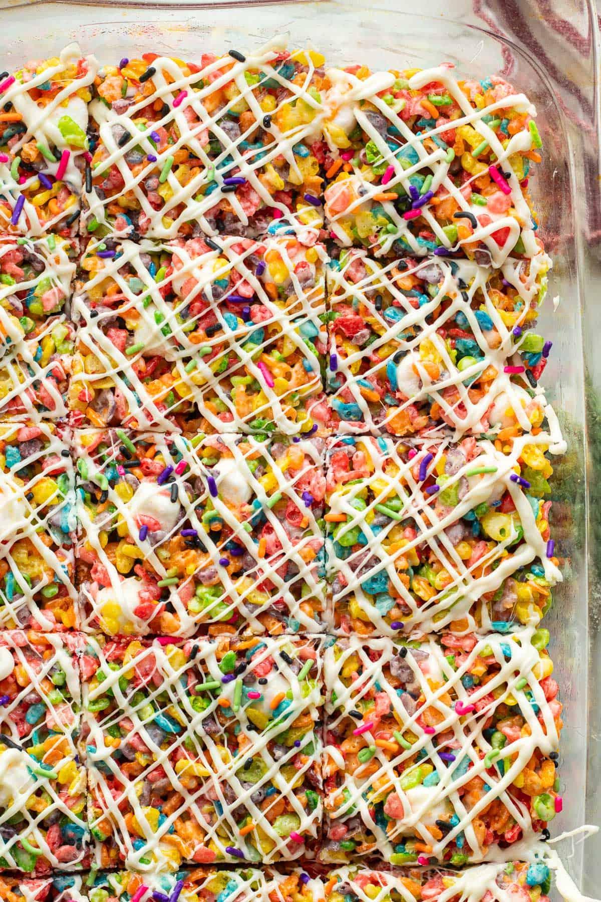 Fruity pebble rice crispies with white chocolate drizzle.