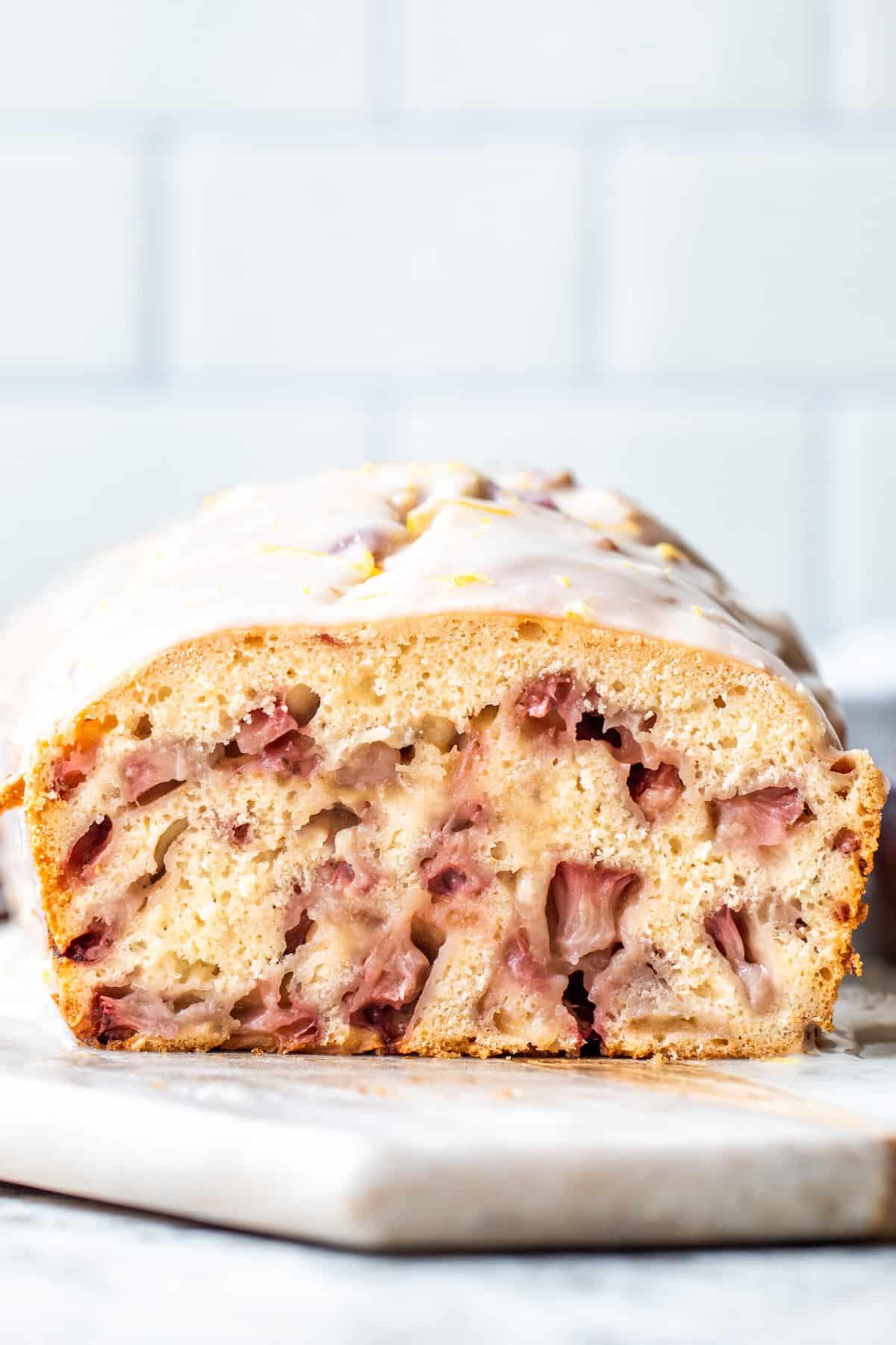Strait on shot of finished strawberry loaf.