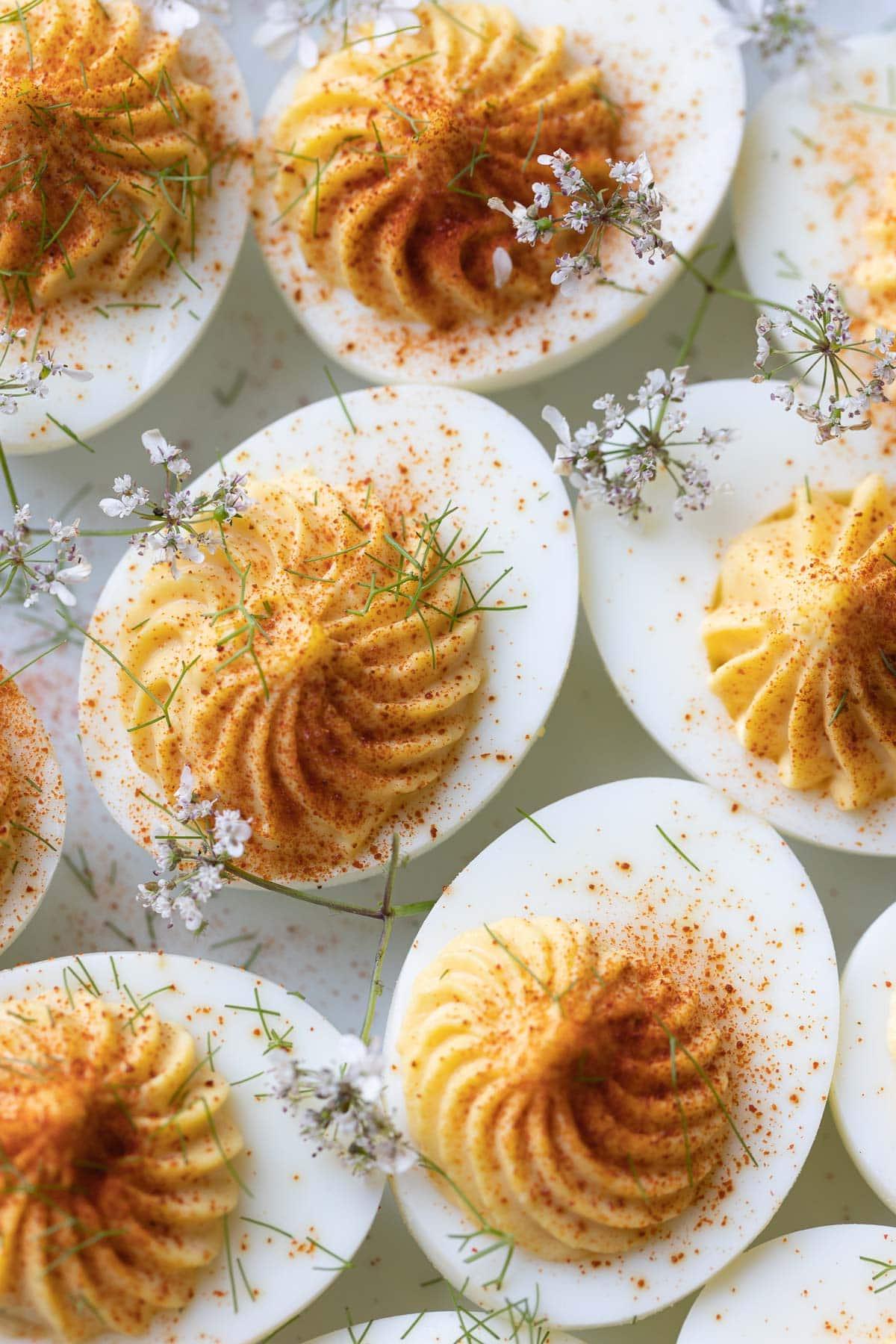 Close up of deviled eggs with creamy golden filling sprinkled with rusty red paprika.