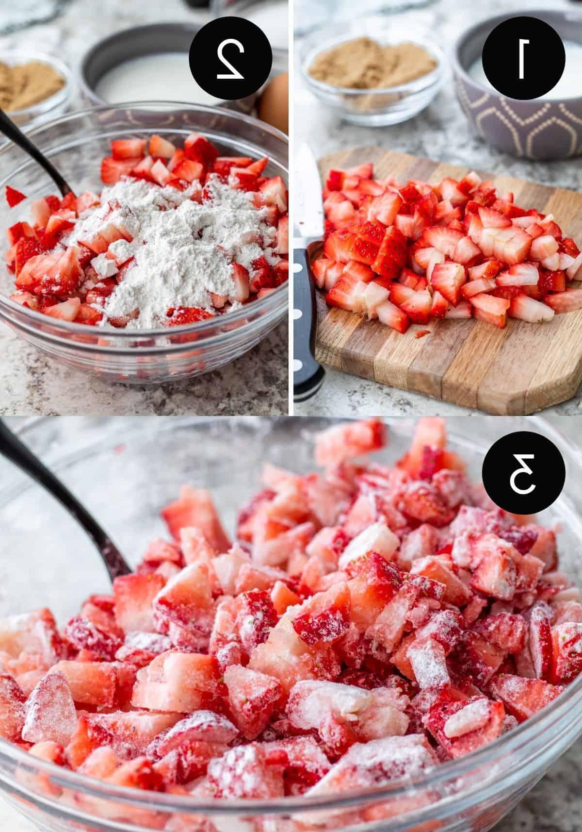 Three prep image collage showing strawberries being tossed in flour.