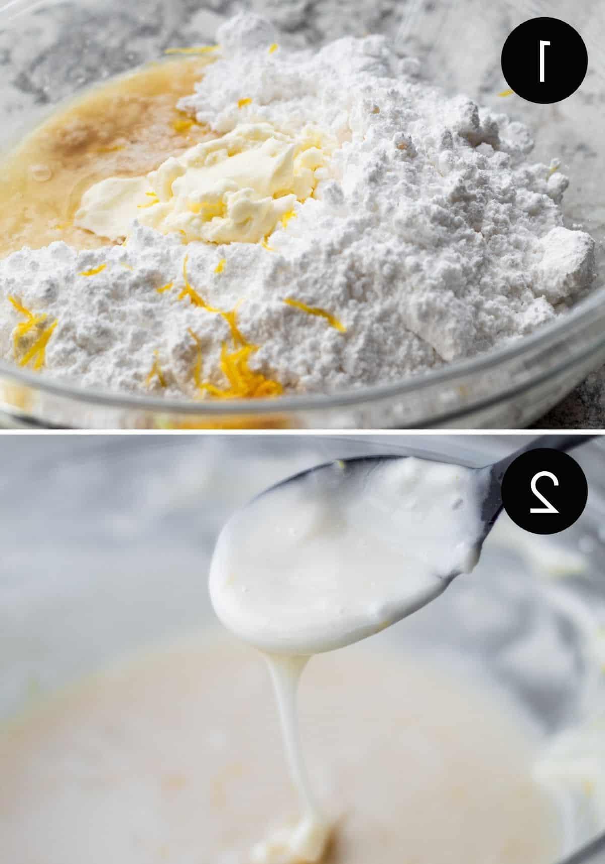 Lemon glaze prep picture collage with two photos of glaze being made in glass bowl.