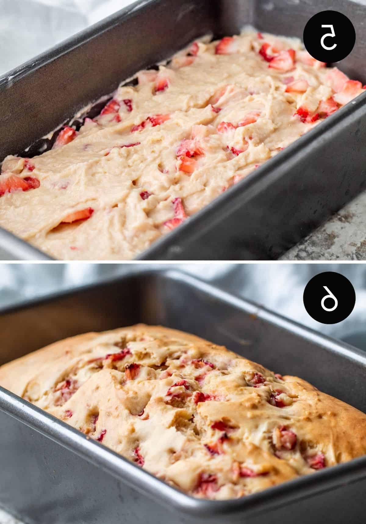 Two image collage with batter being put in pan and finished strawberry bread.