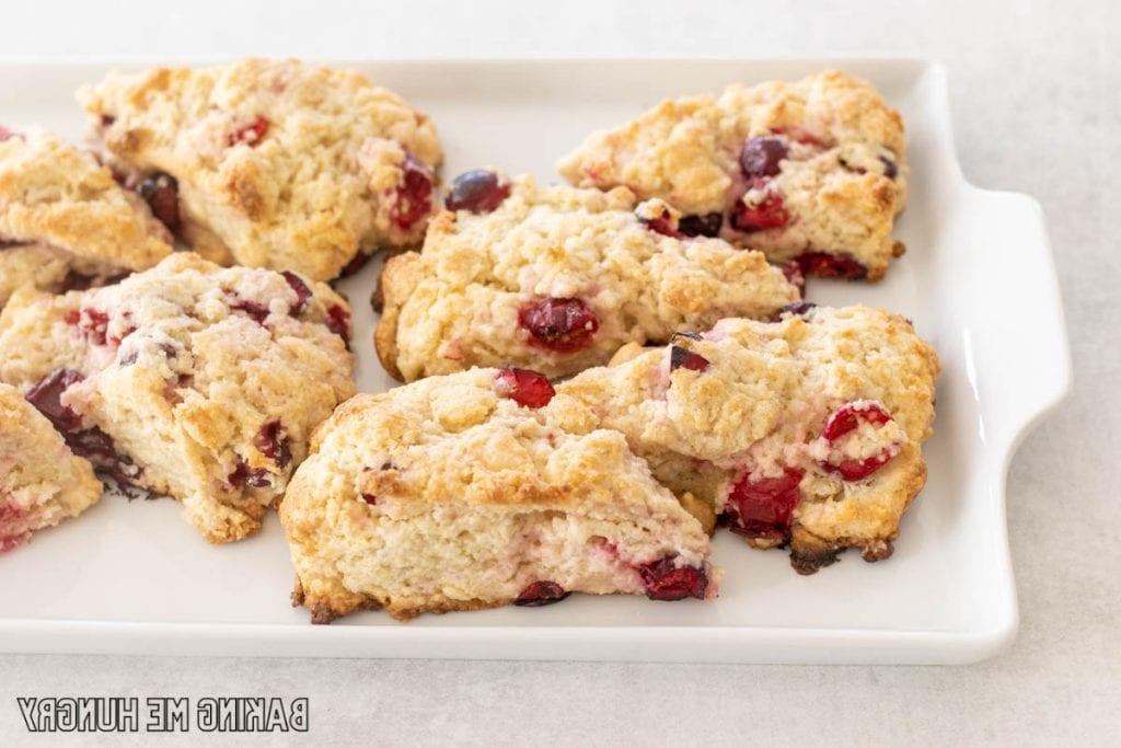 serving plate with white chocolate cranberry scones